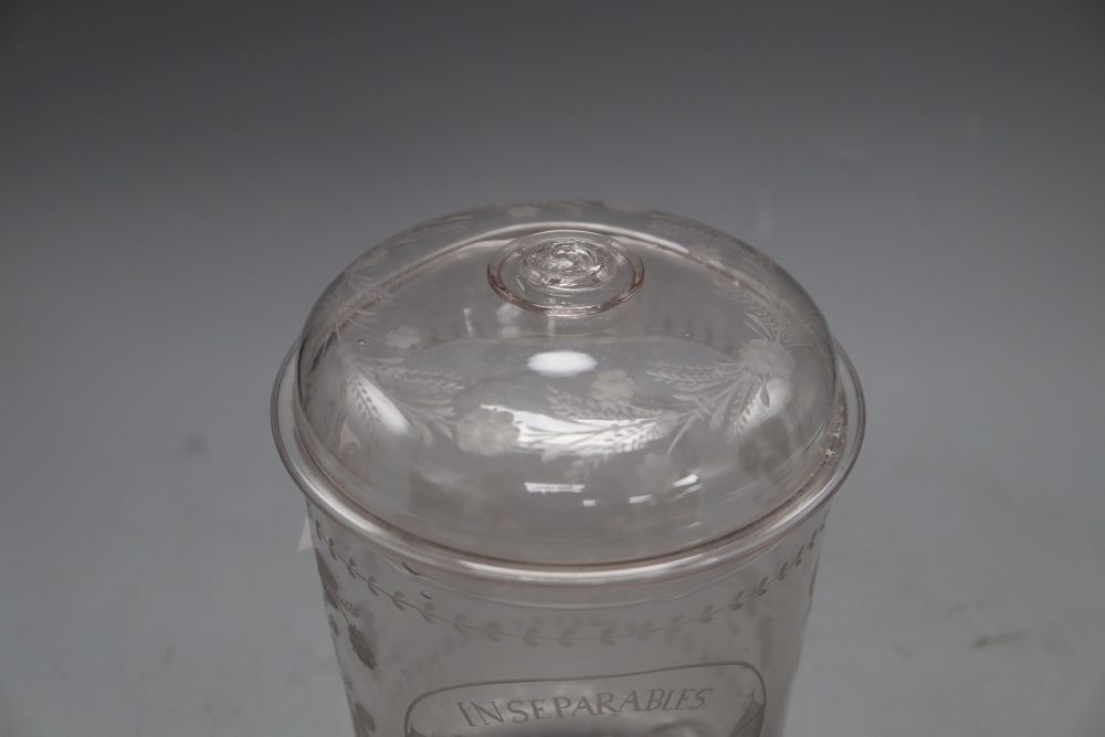 A 19th century French wheel etched glass jar and cover, with detached finial, height excl. finial 23c,